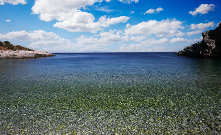 Pebble beach of Kokkala village, in magne, Peloponnese, Greeceの写真素材
