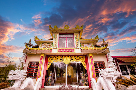 NOYANT D'ALLIER, FRANCE APRIL 11, 2023: exteriors and statues details in the garden of the vietnamese buddhist pagodaのeditorial素材