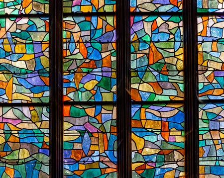ABBEVILLE, SOMME, FRANCE, JUNE 20, 2023: details of stained glasses windows in Saint Sepulcre church, by Alfred Manessier workshop, year 1989 to 1993のeditorial素材