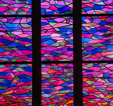 ABBEVILLE, SOMME, FRANCE, JUNE 20, 2023: details of stained glasses windows in Saint Sepulcre church, by Alfred Manessier workshop, year 1989 to 1993のeditorial素材