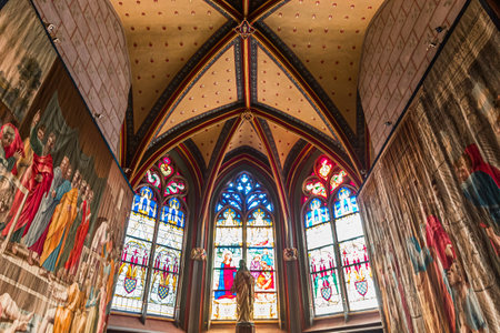 BOURGES, CHER, FRANCE, APRIL 20, 2023 :stained glasses decors of Cathedral basilica saint Stephen, by anonymous artists workshops, 15th centuryのeditorial素材