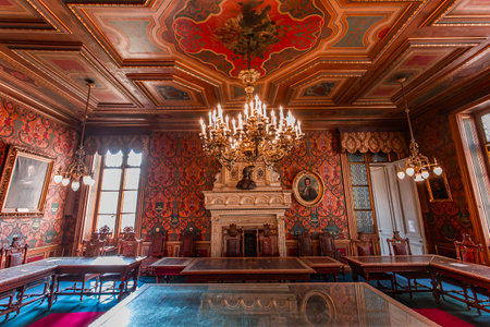 ORLEANS, FRANCE, APRIL 17, 2023: interiors and architectural decors of Palace Groslot, historic city hall of Orleansのeditorial素材