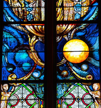ORLEANS, FRANCE, APRIL 20, 2023: stained glasses windowsl decors of Cathedral basilica of the holy cross, various artist, 19th centuryのeditorial素材