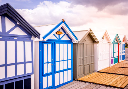Colorful beach huts with clouds and skies in Cayeux sur mer, Somme, Normandy, Franceのeditorial素材