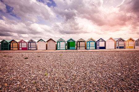 Colorful beach huts with clouds and skies in Cayeux sur mer, Somme, Normandy, Franceのeditorial素材