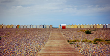 Colorful beach huts with clouds and skies in Cayeux sur mer, Somme, Normandy, Franceのeditorial素材