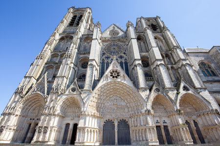 BOURGES, CHER, FRANCE, APRIL 20, 2023: exteriors and architectural decors of Cathedral basilica saint Stephenのeditorial素材