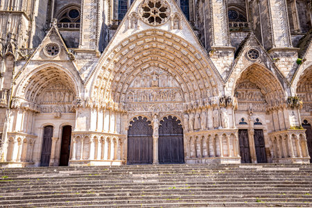 BOURGES, CHER, FRANCE, APRIL 20, 2023: exteriors and architectural decors of Cathedral basilica saint Stephenのeditorial素材