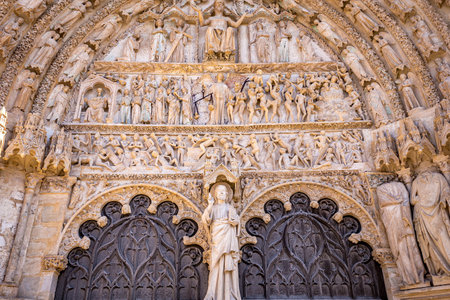 BOURGES, CHER, FRANCE, APRIL 20, 2023: exteriors and architectural decors of Cathedral basilica saint Stephenのeditorial素材