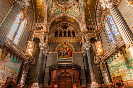 LYON, RHONE, FRANCE, OCTOBER 15, 2024: interiors and architectural details of Basilica of Notre-Dame de Fourviereのeditorial素材