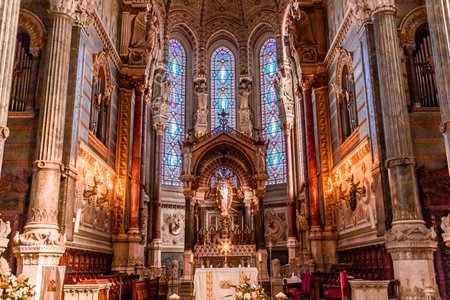 LYON, RHONE, FRANCE, OCTOBER 15, 2024: interiors and architectural details of Basilica of Notre-Dame de Fourviereのeditorial素材