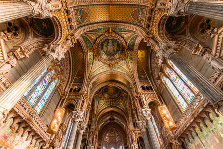 LYON, RHONE, FRANCE, OCTOBER 15, 2024: interiors and architectural details of Basilica of Notre-Dame de Fourviereのeditorial素材