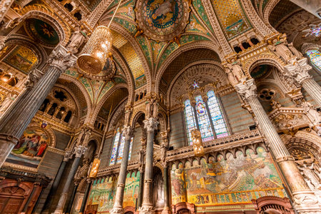 LYON, RHONE, FRANCE, OCTOBER 15, 2024: interiors and architectural details of Basilica of Notre-Dame de Fourviereのeditorial素材