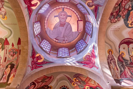 SAINT-MICHEL-DU-VAR, FRANCE, OCTOBER 20, 2024: architectural details and frescoes by painter Vadim Garine, year 1981, in orthodox church Saint-Seraphinのeditorial素材