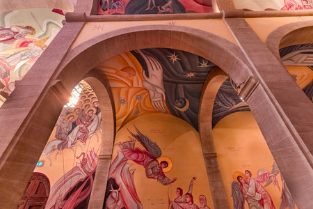 SAINT-MICHEL-DU-VAR, FRANCE, OCTOBER 20, 2024: architectural details and frescoes by painter Vadim Garine, year 1981, in orthodox church Saint-Seraphinのeditorial素材