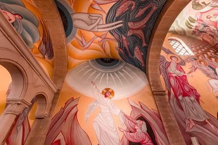 SAINT-MICHEL-DU-VAR, FRANCE, OCTOBER 20, 2024: architectural details and frescoes by painter Vadim Garine, year 1981, in orthodox church Saint-Seraphinのeditorial素材