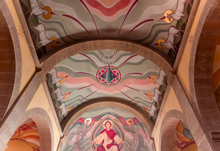 SAINT-MICHEL-DU-VAR, FRANCE, OCTOBER 20, 2024: architectural details and frescoes by painter Vadim Garine, year 1981, in orthodox church Saint-Seraphinのeditorial素材