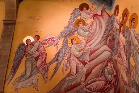 SAINT-MICHEL-DU-VAR, FRANCE, OCTOBER 20, 2024: architectural details and frescoes by painter Vadim Garine, year 1981, in orthodox church Saint-Seraphinのeditorial素材