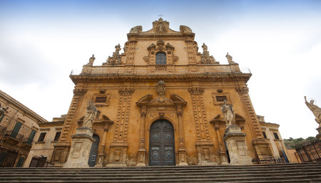 MODICA, SICILY, ITALY, JUNE 19, 2018: exteriors details of San Pietro church, june 19, 2018, in Modica, sicily, italyの写真素材