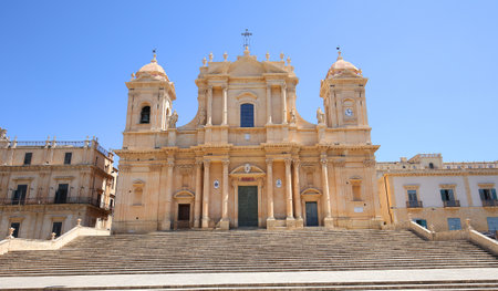 NOTO, SICILY, ITALY, JUNE 16, 2018: exteriors of basilica duomo church, june 16, 2018, in Noto, sicily, italyの写真素材