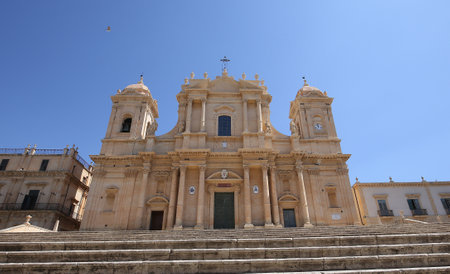 NOTO, SICILY, ITALY, JUNE 16, 2018: exteriors of basilica duomo church, june 16, 2018, in Noto, sicily, italyの写真素材