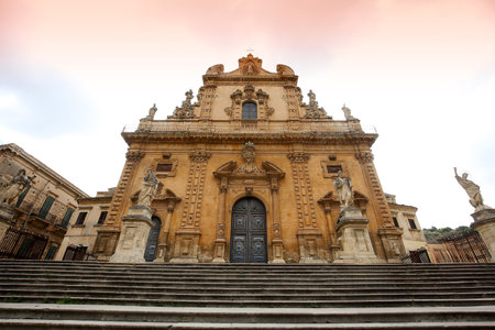 MODICA, SICILY, ITALY, JUNE 19, 2018: exteriors details of San Pietro church, june 19, 2018, in Modica, sicily, italyの写真素材