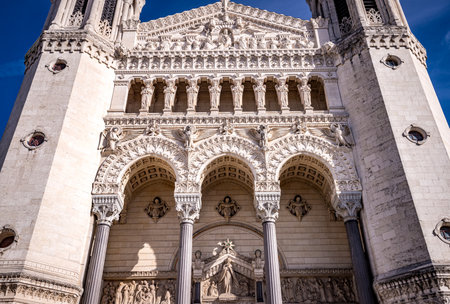 LYON, RHONE, FRANCE, OCTOBER 15, 2024: exteriors and architectural details of Basilica of Notre-Dame de Fourviereの写真素材