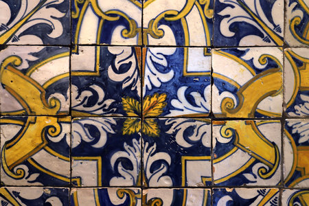 Ceramic mural colorful azulejos on a wall in Lisbon, Portugalの写真素材
