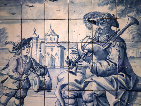 Ceramic mural colorful azulejos on a wall in Lisbon, Portugalの写真素材