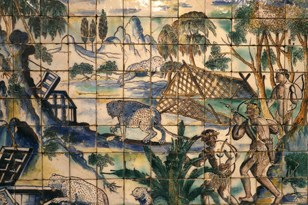 Ceramic mural colorful azulejos on a wall in Lisbon, Portugalの写真素材