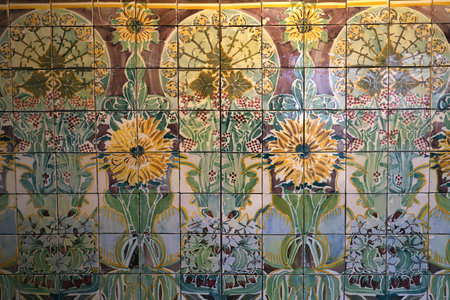 Ceramic mural colorful azulejos on a wall in Lisbon, Portugalの写真素材