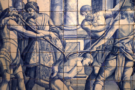 Ceramic mural colorful azulejos on a wall in Lisbon, Portugalの写真素材