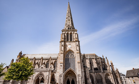 TREGUIER, COTES D'ARMOR, BRITTANY, FRANCE, 2025: exteriors architectural details of cathedral Saint Tugdualの写真素材