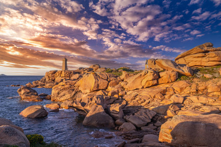 PERROS-GUIREC, BRITTANY, FRANCE, MAY 16: Ploumanac'h Lightouse of Mean Ruz, on the pink granite coast, cotes-d'armorの写真素材