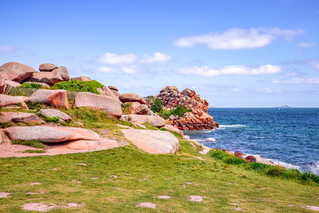 PERROS-GUIREC, BRITTANY, FRANCE: customs path on pink granite rocks coast, in Ploumanac'h, Cotes-d'Armorの写真素材
