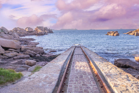 PERROS-GUIREC, BRITTANY, FRANCE, MAY 16: pink granite rocks coast, in Ploumanac'h, Cotes-d'Armorの写真素材