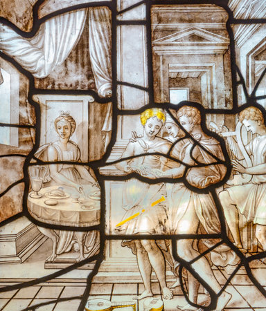 CHANTILLY, OISE, FRANCE SEPTEMBER 15, 2025: stained glasses windows in the chapel room of Chantillyの写真素材