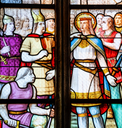 PLOUNEOUR-TREZ, FINISTERE, BRITTANY, FRANCE, JUNE 30, 2025: stained glasses windows of Saint Pierre churchのeditorial素材