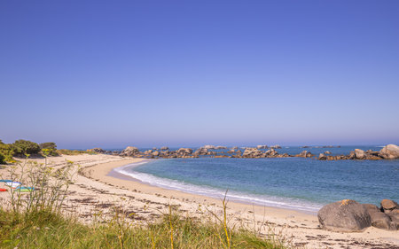 PONTUSVAL, BRITTANY, FRANCE, MAY 19: beach and channel sea in Le Royau, cotes-dâarmorの写真素材