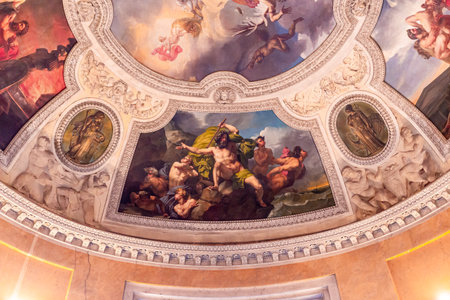 PARIS, FRANCE, MARCH 17, 2017: architectural details of gallery of Apollo, in the Louvre museum, place of robbery of French crown jewels, October 2025のeditorial素材