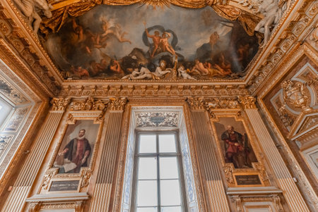 PARIS, FRANCE, MARCH 17, 2017: architectural details of gallery of Apollo, in the Louvre museum, place of robbery of French crown jewels, October 2025のeditorial素材