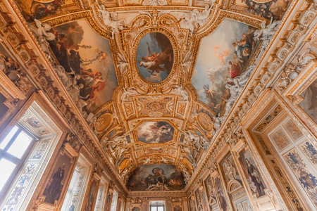 PARIS, FRANCE, MARCH 17, 2017: architectural details of gallery of Apollo, in the Louvre museum, place of robbery of French crown jewels, October 2025のeditorial素材