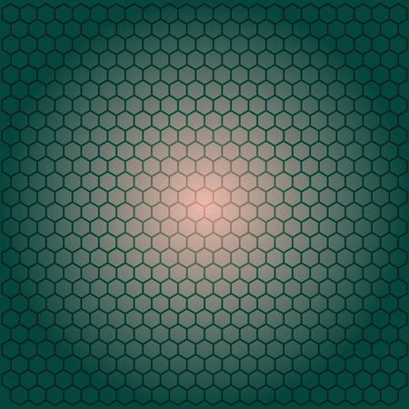 Hexagonal cells form honeycomb pattern with gradient background shining brightly from center in...