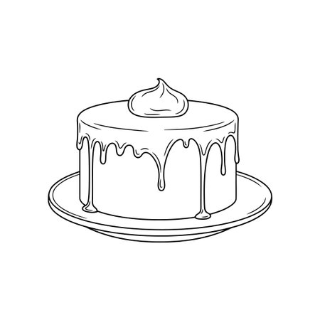A black and white line drawing of a cake with frosting on a plate isolated on white background