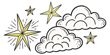 Whimsical hand drawn stars and clouds illustration. The transparent background makes it easy to integrate into designs.のイラスト素材