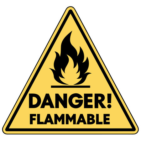 This image shows a yellow triangular sign with a flame and the words danger and flammable. It is a...