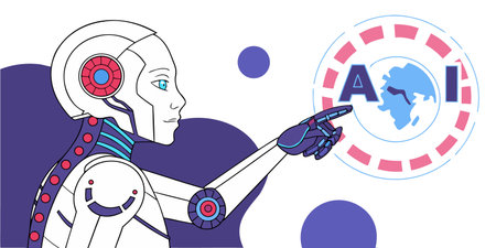 Illustration of a robot interacting with an AI interface. The transparent background is useful for designers.のイラスト素材