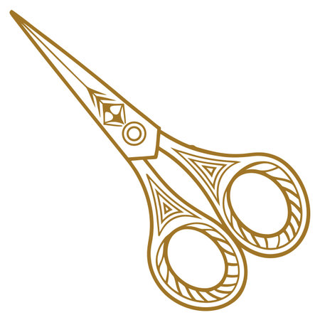 A detailed illustration of ornate gold scissors with decorative patterns, isolated on a transparent background.のイラスト素材