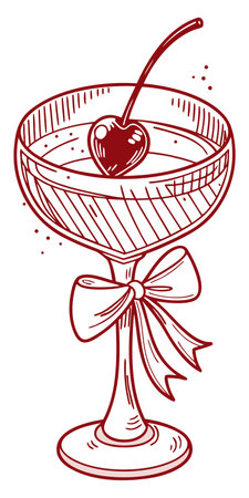 Stylized cocktail glass illustration with a cherry and bow. Transparent background is valuable for designers.のイラスト素材