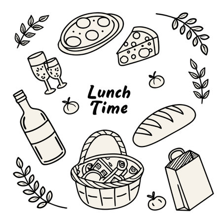 Hand drawn lunch time picnic illustration. Transparent background is a valuable feature for designers.のイラスト素材